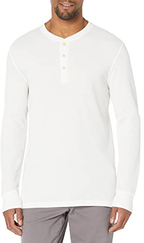 Amazon Essentials Camiseta Henley de Panal de Abeja de Manga Larga con Ajuste Normal Hombre, Blanco, S