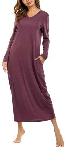 Sykooria Women's Long Nightgown Cotton Baggy Nightdress Plus Size Nightshirt Long Sleeve V Neck Sleep Dress Casual Sleepwear With Pockets(Wine Red,XL)