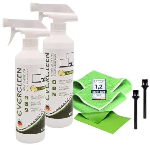 EVERCLEEN Screen Cleaner Pro 2x Bildschirmreiniger 500ml + 2x Mikrofasertuch. Umweltschonender veganer Reiniger Made in Germany für TV, PC, Laptop, Tablet, Displays, Brillen & Smartphone…