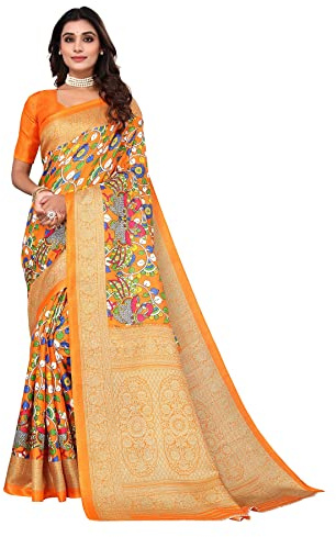IMTRA FASHION Sari De Seda De Arte Impreso Naranja Tradicional Indio Con Pieza De Blusa-KAMAL ORANGE