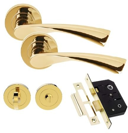 Golden Grace Astrid Design Modern Bathroom Door Handles On Round Rose in Polished Brass Finish with Thumbturn & 2.5 Bathroom Mortise Lock