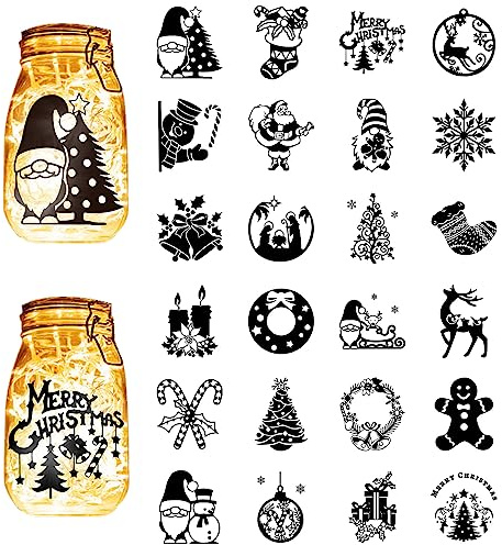 CREATCABIN 24 Pz Sagome Natalizie Adesivi per Barattoli di Vetro Lanterna Ritagli Laser Decalcomanie Plastica Scrapbook Abbellimento per Barattoli Parete Finestre Vetro Decorazioni per Auto 10x9cm