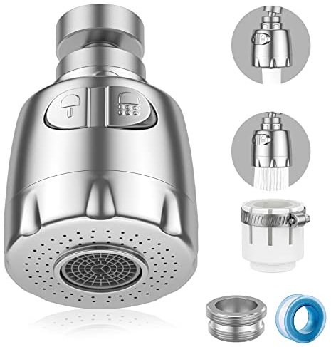 Vinabo Belüfter für Wasserhahn, 360 ° drehbar, Düse für Küche, Spüle, mit Filter, 2 Modi, Luftsprudler für Wasserhahn, Zerstäuber, für Küche, Silber
