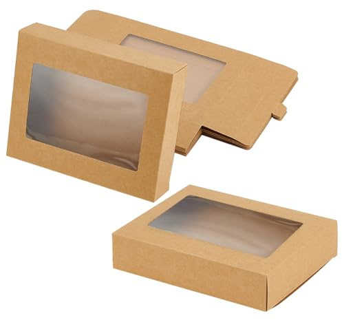 BENECREAT 12-pack kraftpapperslåda, 18 x 14,6 x 4 cm/7 x 5,7 x 1,5 tum godispresentlådor, rektangelbehandlingslådor med klart fönster för visning av kaka, munk, bröllopspaket, burly wood