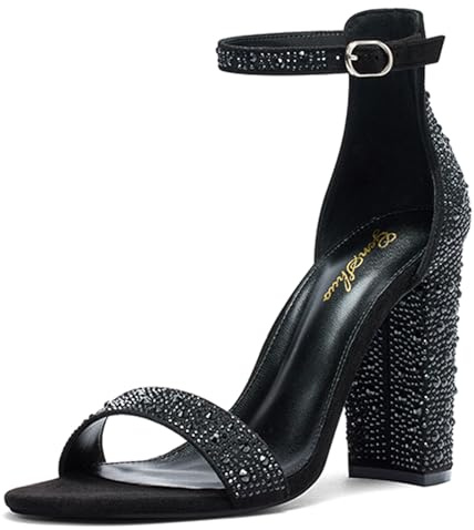 Zhabtuc GENSHUO Sandali da Donna con Tacco Alto Grosso da 10 cm e Cinturino alla Caviglia, Scarpe Eleganti per Feste, Matrimoni e Cerimonie Nuziali, Strass neri, 40 EU