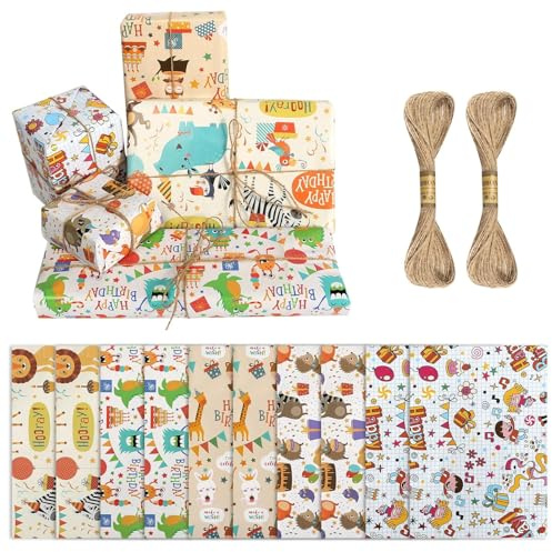 Presentpapper för barn, 10 ark 70 x 50 cm färgglada djur barnförpackningar presentpapper med 2 hamparep, gör-det-själv presentpapper födelsedag presentpapper för jul födelsedag barnens dag