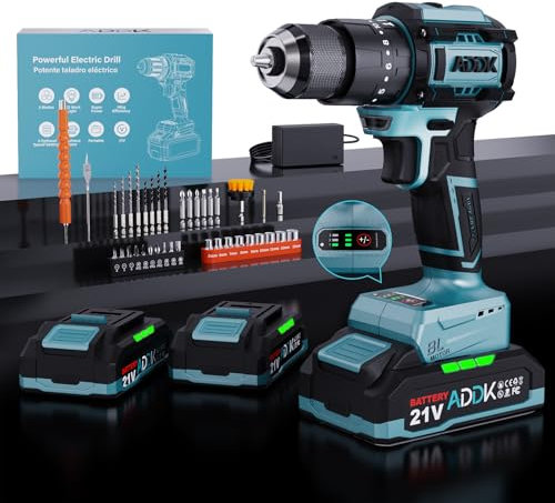 Juego de taladro de impacto inalámbrico, taladro eléctrico de 3 velocidades con baterías de 21 V, pares máximos de 65 Nm, potente taladro con función de impacto de 24+3 con luz de trabajo, juego de