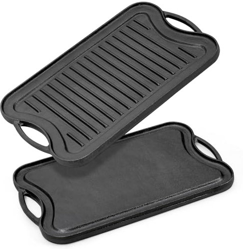 Warmiehomy Cast Iron Griddle Pan,Double-Sided Non-Stick Pre-Seasoned Cast Iron Skillet BBQ Grill Pan for Gas Electric and Oven Safe,40x25cm Rectangular