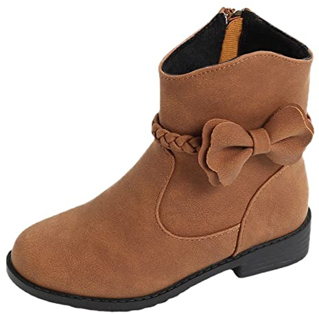 Generisch Botines estilo occidental con cremallera lateral para niña, con detalle trenzado, botines de equitación de tacón bajo con cremallera, marrón, 34 EU