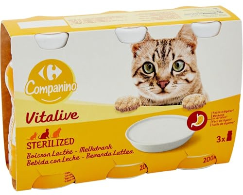 Carrefour COMPANINO – Lait Spécial Chat Stérilisé, Digestion Facile et Goût Naturel (3x200mL) - Lot de 4 - Vendu par Lot