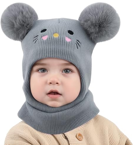 MASOCIO Bonnet Cagoule Bebe Enfant Garcon Fille Hiver Chaud Chapeau Echarpe Cache Cou 12 18 Mois 2 3 4 5 6 7 Bébé Garçon Balaclava Adorable Double Pompon Enfants 1-8 Ans Gris