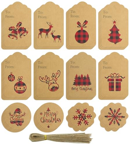 BIHIYII Christmas Tags, 48 Pcs 12 Design Xmas Gift Tags for Presents, Kraft Paper Christmas Labels with 50 Pcs Jute String for Christmas Decoration