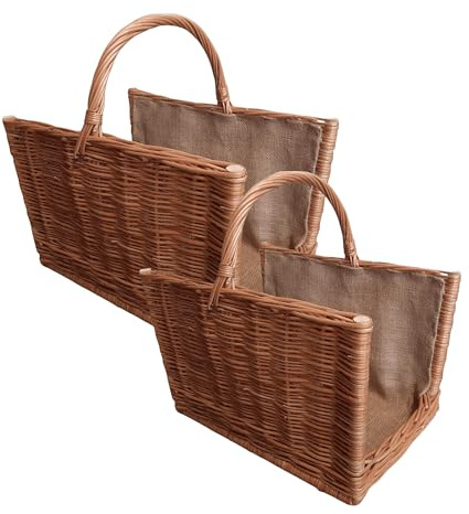2-pack Vedkorgar i Pil 50 x 35 cm + 47 x 30 cm – Eldkorg för Ved med Jutefoder, Stabilt Handtag, Naturlig Förvaringskorg för Kaminved