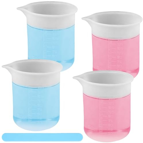 4 Piezas Vaso Medidor Silicona de 150 ML con Agitador, Vasos Tazas Medidoras de Silicona, Duraderos y Fáciles de Limpiar para Detergente de Lavandería, Cocina, Manualidades y Mediciones de Laboratorio