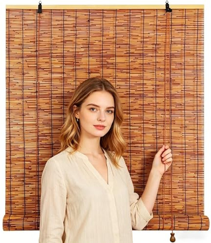 Cortina di Canne Naturale Protettiva,170×120cm(66.9×47.2in) Tenda Bamboo per Esterno con Sistema a Corda,Tapparella Avvolgibile per Finestra Casa e Recinzione Giardino,Robusta Marrone