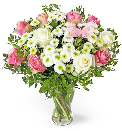 Rose Meadows Bouquet – Luxury Fresh Flowers Featuring Memory Lane, White Avalanche and Belle Roses with Santini Chrysanthemums – Elegant Handcrafted Arrangement for Birthday or Celebration