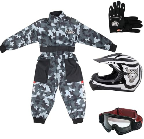 Zorax Black CAMO XL(11-12 Years) Kids Suit & Gloves L(7cm) & Goggles & Zorax L (53-54cm) ZOR-X17 Kids Children Motocross Motorbike Motorcycle Helmet Set ECE2206