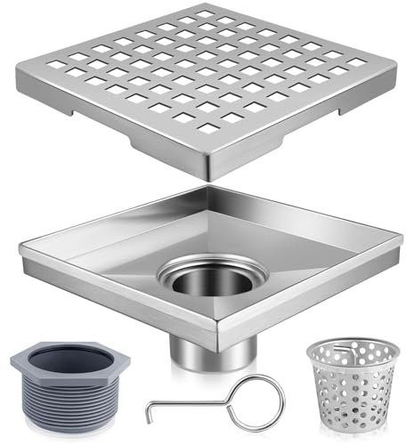 Boltigen 6 inch Square Shower Drain, Brushed Nickel 304 Stainless Steel Bathroom Floor Drain (with US CUPC Certification) with Removable Quadrato Pattern Grate,Hair Filters,Threaded Joint Lifting Hook