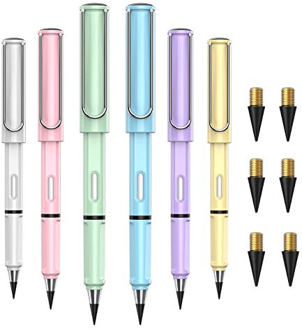ALECPEA Ewiger Bleistift, 6 Stück Tintenloser Bleistift, Langlebiger Magischer Bleistift, Bleistifte Set, mit auswechselbaren Spitzen, unendlicher Bleistift