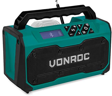 VONROC Radio de Chantier sans Fil 20V - Bluetooth, FM, USB, Haut Parleur, Enceinte - Port Bass-Reflex - Gamme de Fréquences Radio : 87,5 à 108MHz - Batterie & Chargeur Non Inclus