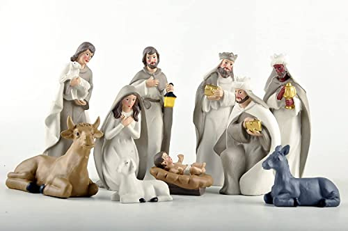 DurableDelights Nativity Set Small Figurines 10 Pcs, Christmas Scene Set - Including Baby Jesus, Maria, and Joseph - Christmas Decorations, Resin White.