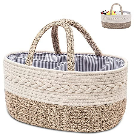 YEONHWA Baby-Wickel-Organizer, Aufbewahrungskorb aus gewebtem Baumwollseil, tragbarer Griff mit großen Fächern zum Wechseln, cremefarben