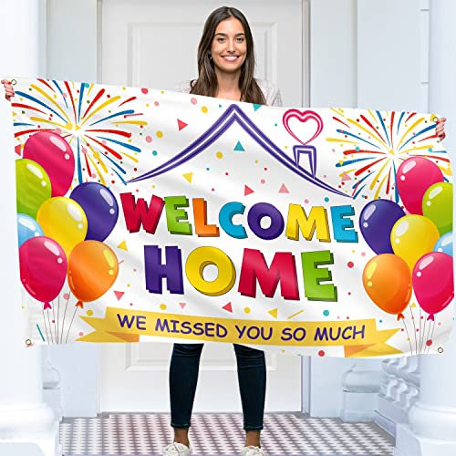 Welcome Home Banner - Welcome Back banner - Welcome Home decorations - 5ft x 3ft with picture of Welcome Home Balloon - Vivid Digital Print - 110Den Thick polyester - Double Seam (White)
