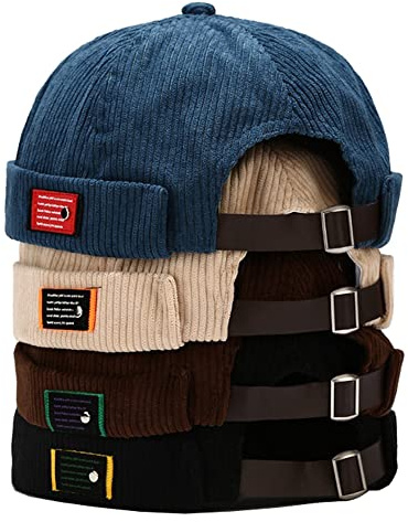 4 Pack Docker Hat Brimless Hats Skullcap Beanie Hat Cap for Men Women Corduroy Retro Style Rolled Cuff Harbour Hat (Cap56)