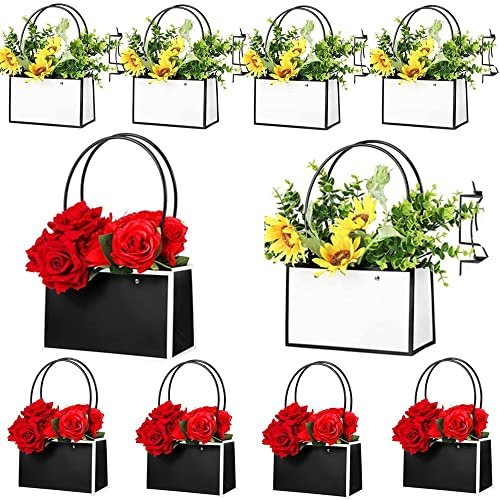 10 Pcs Flower Gift Bags Paper Bouquet Bags Rectangle Flower Box for Arrangements Waterproof Bouquet Box with Handles Florist Supplies for Valentine's Day Mother's Day Christmas (Black,White)
