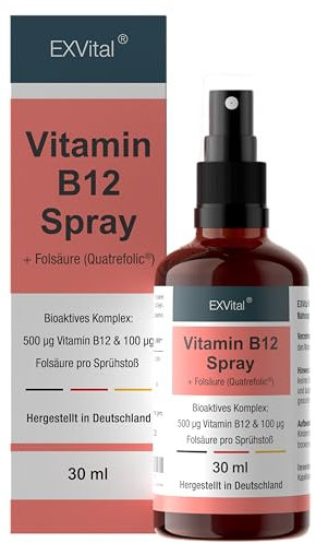 Vitamin B12 Spray, 500µg Vitamin B12 + 100µg Folsäure pro Sprühstoß, bioaktive Quatrefolic® Folsäure, laborgeprüft und hergestellt in DE, 100% vegan & für die vegane Lebensweise
