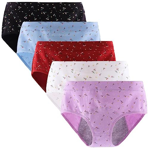 Anntry Women Period Pants Mid-High Waist Postpartum Underwear Leakproof Menstrual Cotton Knickers Pack of 5 (Must Wear with Pad or Tampon)