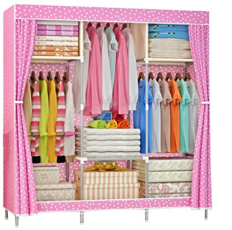 Armario Armario de Lona Armario de Tela Armario de Ropa Plegable Organizador de Almacenamiento con Riel para Colgar,Estantes de Armario para Dormitorio,Rosado-105x46x156cm