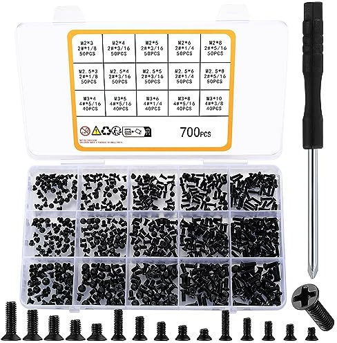 XhjzgcTech 700 Stück Flachkopf-Maschinenschrauben, Senkkopf-Kreuzschlitzschrauben, 2# 4# schwarze Computer-Motherboard-Schrauben-Sortimentsset