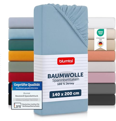Blumtal® Baumwolle Spannbettlaken 140x200cm Basics Jersey - Bettbezug 140x200cm - Oeko-TEX zertifiziertes Spannbetttuch - Bettbezug - Leintuch - Dusk Blue