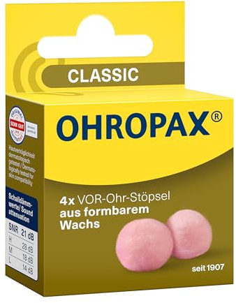 OHROPAX Tappi per le Orecchie Classic - Tappi per le Orecchie in Cera per Protezione dal Rumore, Umidità e Vento, Isolamento SNR 21 dB