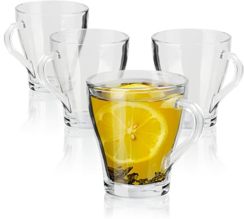 com-four® 4x Vasos de té con asa - Vaso de café de 300 ml de Vidrio de borosilicato - Vasos Robustos para café, té, Zumos o Latte Macchiato - Apto para lavavajillas y microondas (claro - 300ml)