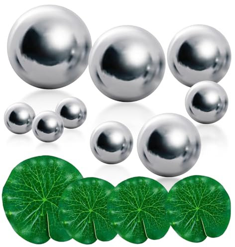 9 Stück Edelstahl Gartenkugeln mit 4 Schwimmend Lotusblätter, 20-100 mm Spiegelpoliert Hohlkugel Reflektierende Schwimmkugeln Silber Schwimmende Teichkugeln Dekokugeln für Teiche/Höfe/Brunnen
