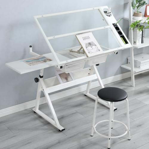 White Drafting Table with Stool, Height Adjustable Art Craft Desk with Tilting Tempered Glass Tabletop, Expansion Board, Multi-Storage, Drawing Table for Studio, Artists, Home Office, Painters, White