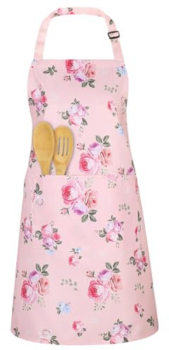 Halinuia Kochschürze Damen Blumen Schürze Küche Verstellbare Apron Women Rosa Schürzen Gastronomie für Frauen Wasserdicht Latzschürze Koch Schürze Modern Kitchen Chef Aprons Grillschürze