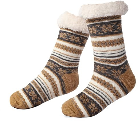 FANSU 1 Paires Chaussettes Chaussons Hiver pour Femme et Homme, Chaussettes Thermiques Antidérapantes Épaisses Douillettes Chaudes Pantoufles pour la Maison (Taille unique,Beige Kaki)