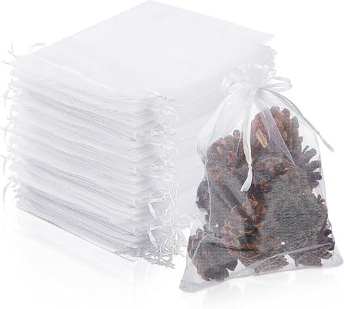 DAHI 50pz Grandi Sacchetti Organza 20 x 30 cm, Sacchetti Regalo in Organza Bianco, Sacchetto Tulle Confetti, per Gioielli, Matrimoni, Festa, Natale Regalo