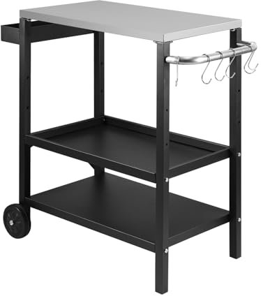 Jaxguom Chariot de barbecue d'extérieur réglable en hauteur avec poignée et étagère à épices, 3 étagères, 6 crochets, chariot de service sur roues, plateau de table en acier inoxydable pour jardin