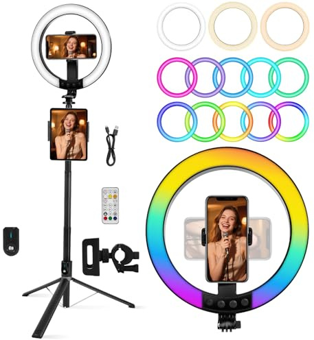 Kalofaye 10 Ring Light with Stand 74'' Tall & Phone Holder,RGB Full Color Modes Selfie Light with Extendable Tripod Stand,iPad Holder, Remote for iPhone & Android,YouTube, Makeup,TIKTok, Vlogging