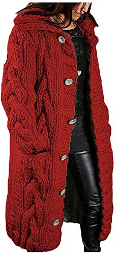 Ladies Cardigan With Pockets, Women's Long Cardigans with Buttons Chunky Cable Knitted Sweater Open Front Long-Sleeve Crochet Jumpers Oversized Longline Jackets Thermal Outerwear Pockets Wine#1