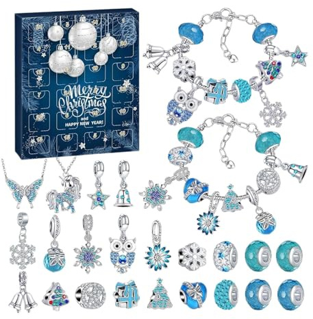 HohuzSruk smycken s 2025 24 dagar jul nedräkningskalender med blå kristallarmband kit, mode legering armband set, 24 dagar nedräkning semester, jul överraskning smycken set
