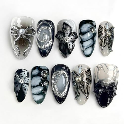 Celblisora 30pcs Y2k Metallic Handmade Black Press On Nails,Medium Length Almond Fake Nails 3D Flowers,Silver Swirls,Bow & Butterfly Charms Dark Design Series