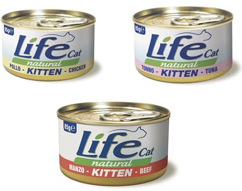 Life Cat Natural Kitten Gusti Misti, Cibo Umido per Gattini, Pollo Tonno Manzo, 12 scatolette da 85g l'una