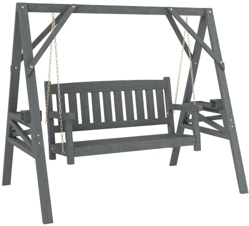 Outsunny Balançoire Hollywood en Bois 2 Places 183x120x160 cm Gris | Banc balançoire en bois avec étagères, capacité 250 kg, pour jardin/terrasse.