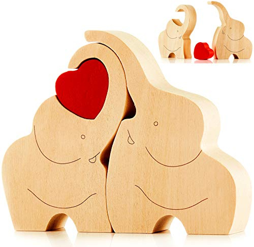 IK Style Encantadora Figura de Madera de una Pareja de Elefantes con corazón Rojo – Regalo Decorativo de Elefantes de Madera