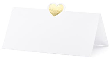 PartyDeco Tischkarten 10x5cm 10 Stück mit Herz Platzkarten Hochzeit Geburtstag Taufe blanko weiß Gold